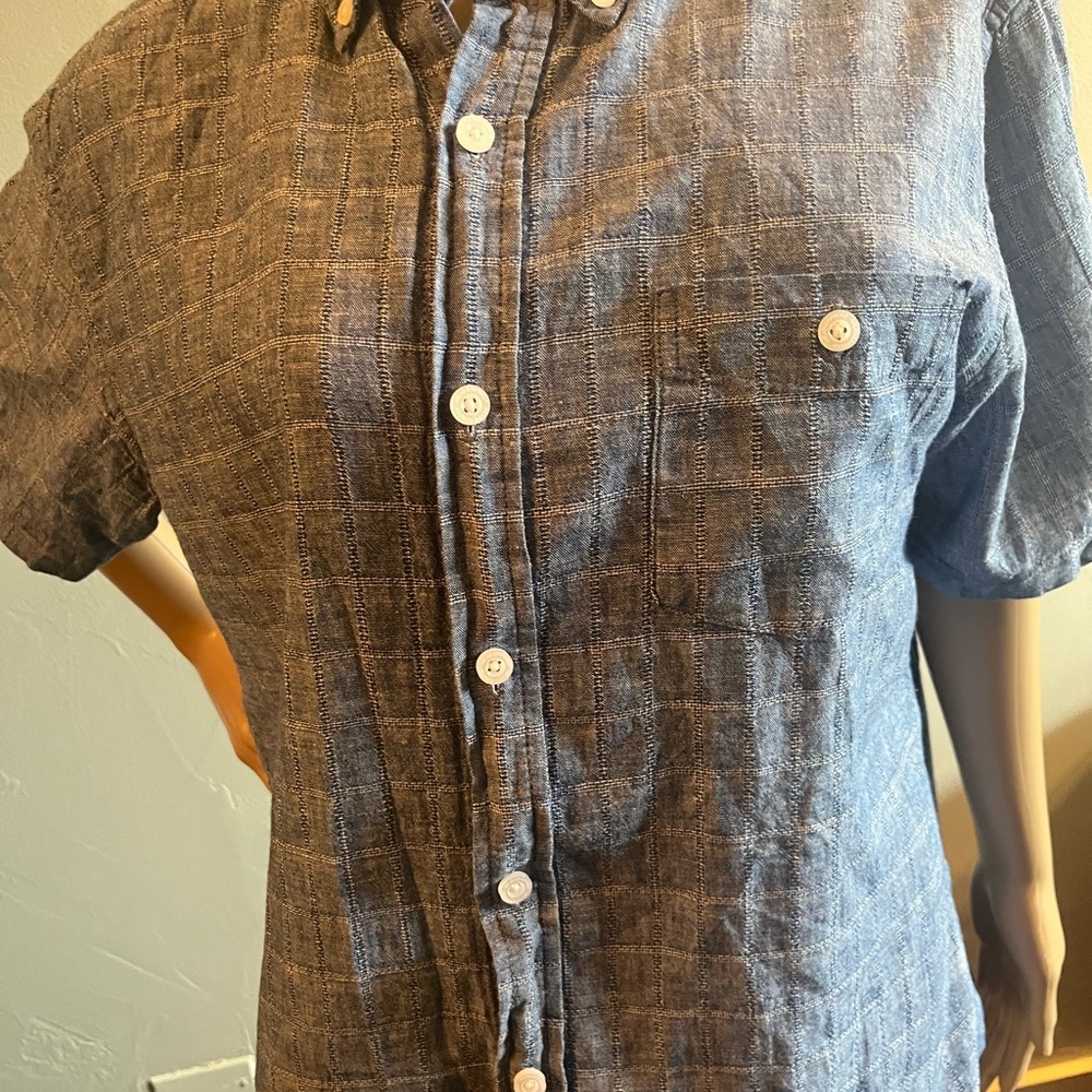 Men’s Weatherproof Vintage Washable Linen Blue Short Sleeve Shirt Size Large.